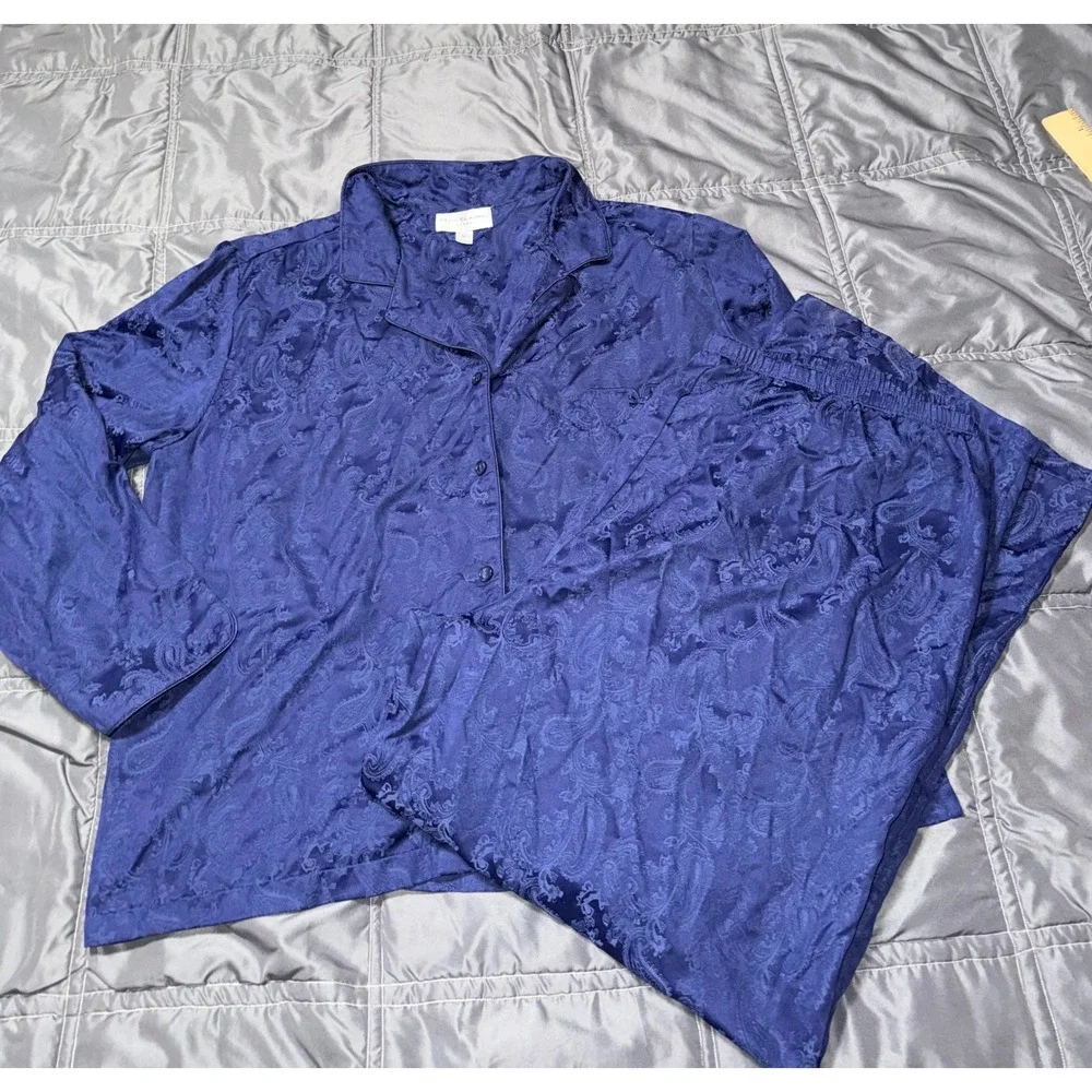 Miss Elaine Woman Pajama Set Navy Blue Paisley Jacquard 2pc Long Sleeve 3X